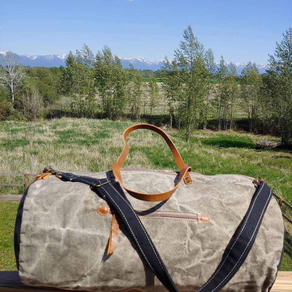 Vintage Canvas Duffel Bag with Leather Accents - Gray